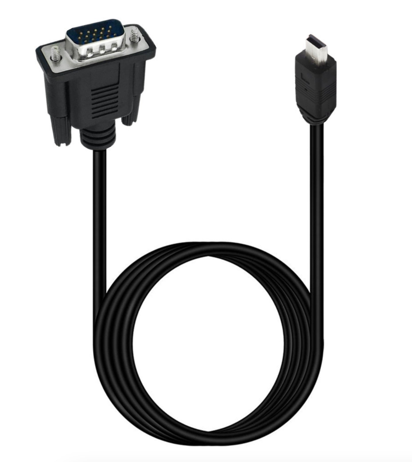 Mini USB 5 Pin to VGA 15 Pin male cable showing full cable length and connector design