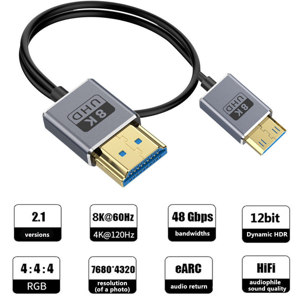 Mini HDMI to HDMI 2.1 Coaxial Extreme Slim Cable,  8K@60H Ultra High Speed 48Gbps