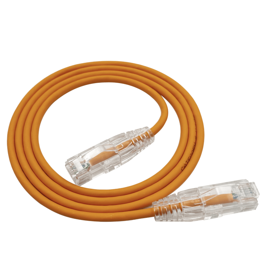 orange Ethernet cable with clear connectors on a white background