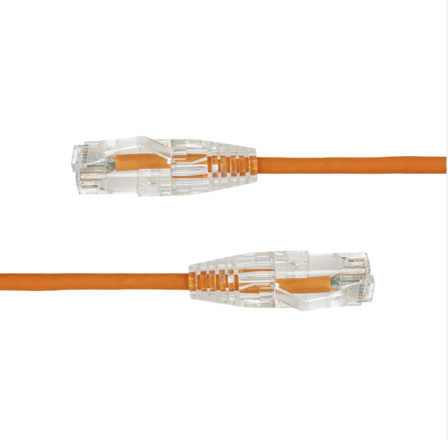 Orange Ethernet cable with clear connectors on a white background
