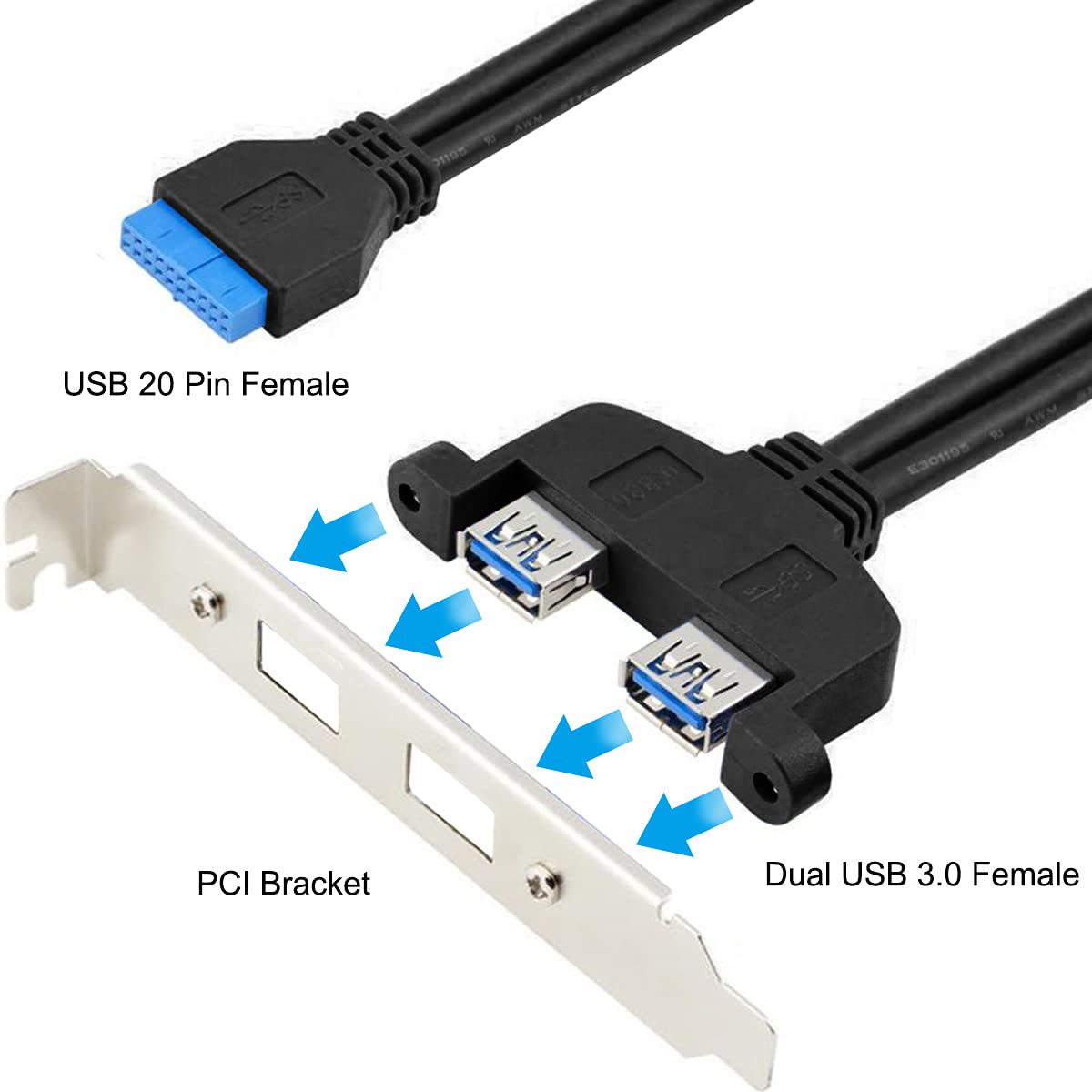 20 pin internal header to dual USB 3.0 adapter cable 0.5m