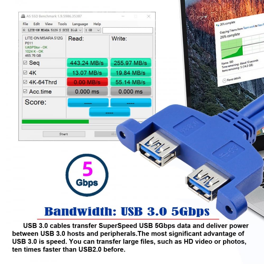 USB 3.0 cable with benchmarking software displaying transfer speeds on a computer screen.