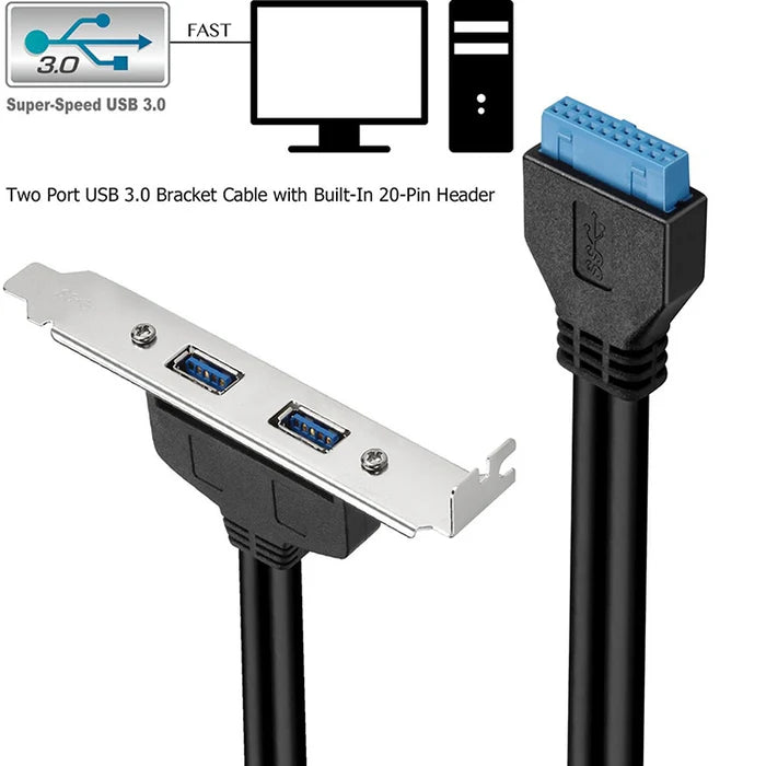 Two-port USB 3.0 bracket cable with built-in 20-pin header on a white background