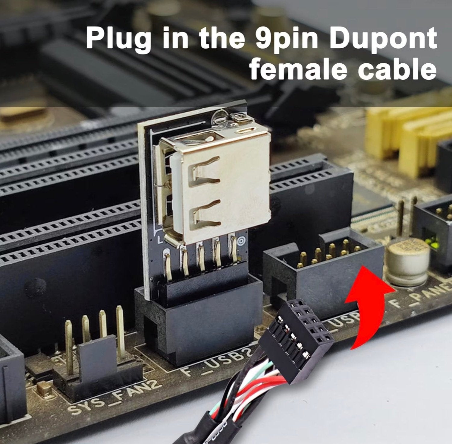 10 pin motherboard USB header cable connected to an internal motherboard USB port