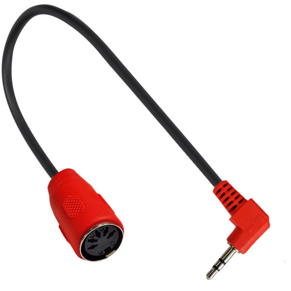 3.5mm TRS to 5-pin DIN female MIDI adapter cable used in a music production setup
