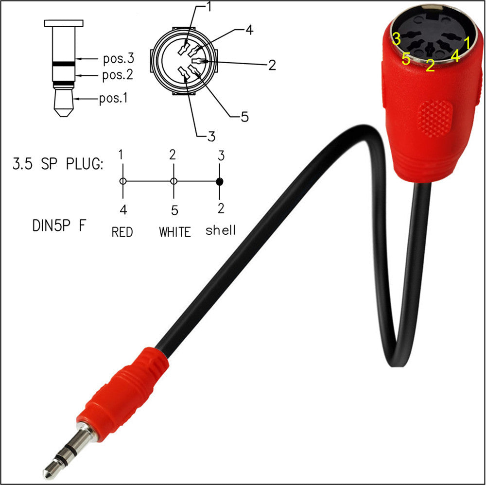 3.5mm TRS to 5-pin DIN female MIDI adapter cable used in a music production setup