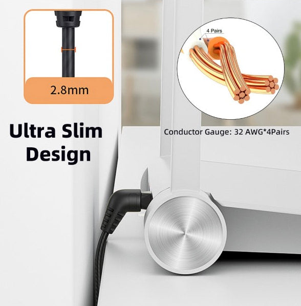 Slim rotatable Cat6 Ethernet cable routed neatly behind office equipment