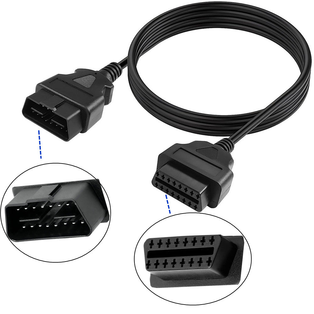 OBD2 extension cable connected to a vehicle diagnostic scanner