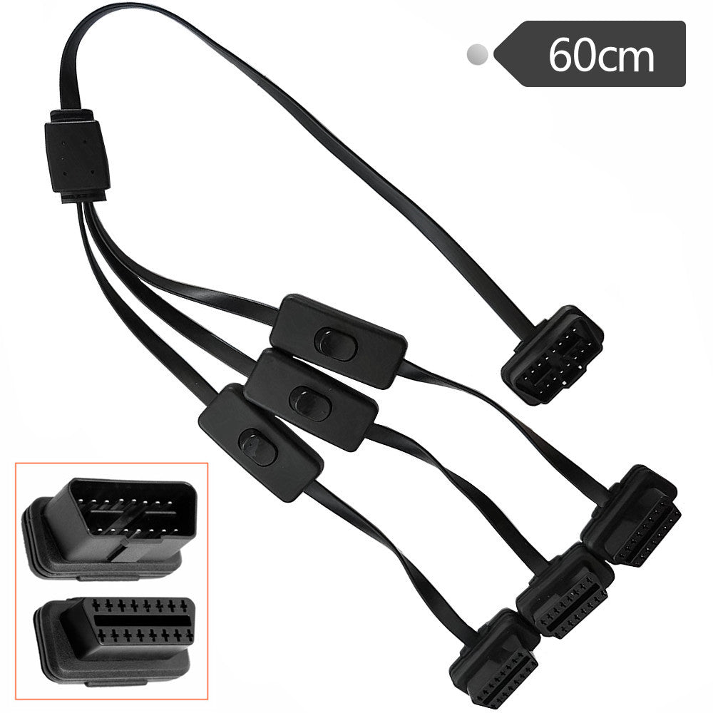 Three-way OBD2 splitter cable installed beneath a vehicle dashboard