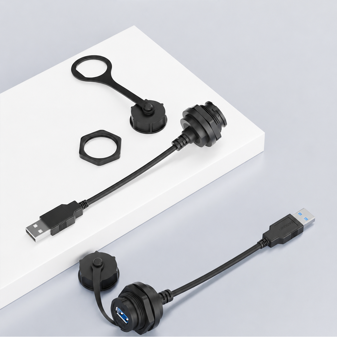 USB connectors and cables on a white platform with a gray background