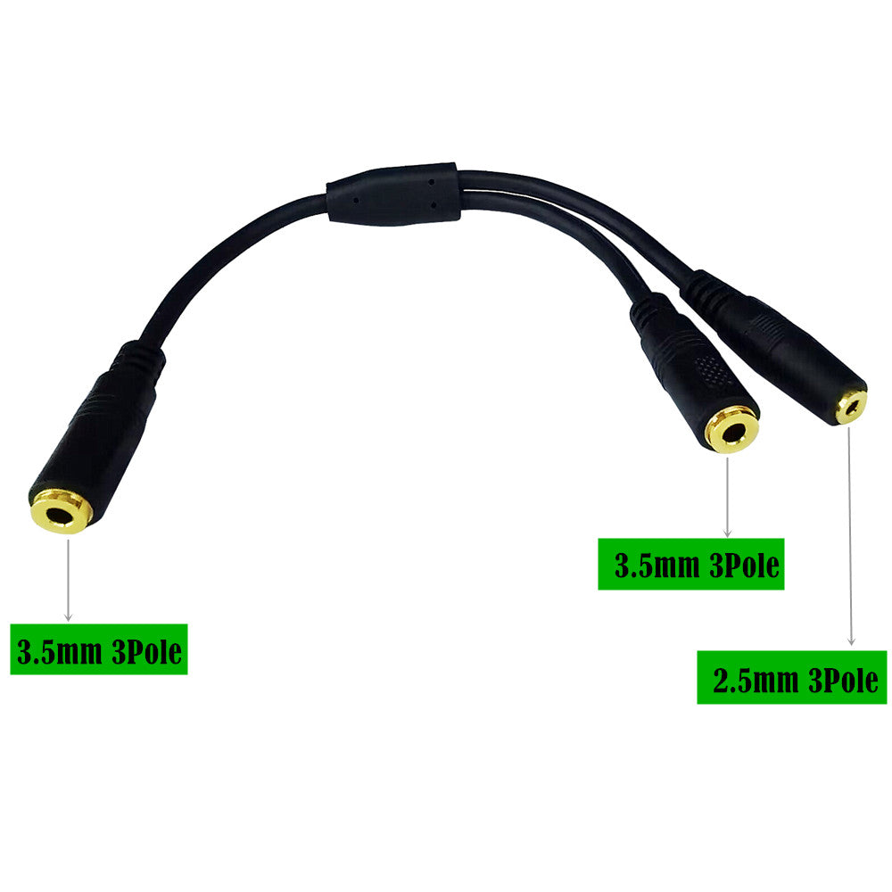 3.5mm to 3.5mm and 2.5mm audio splitter connected to portable audio devices