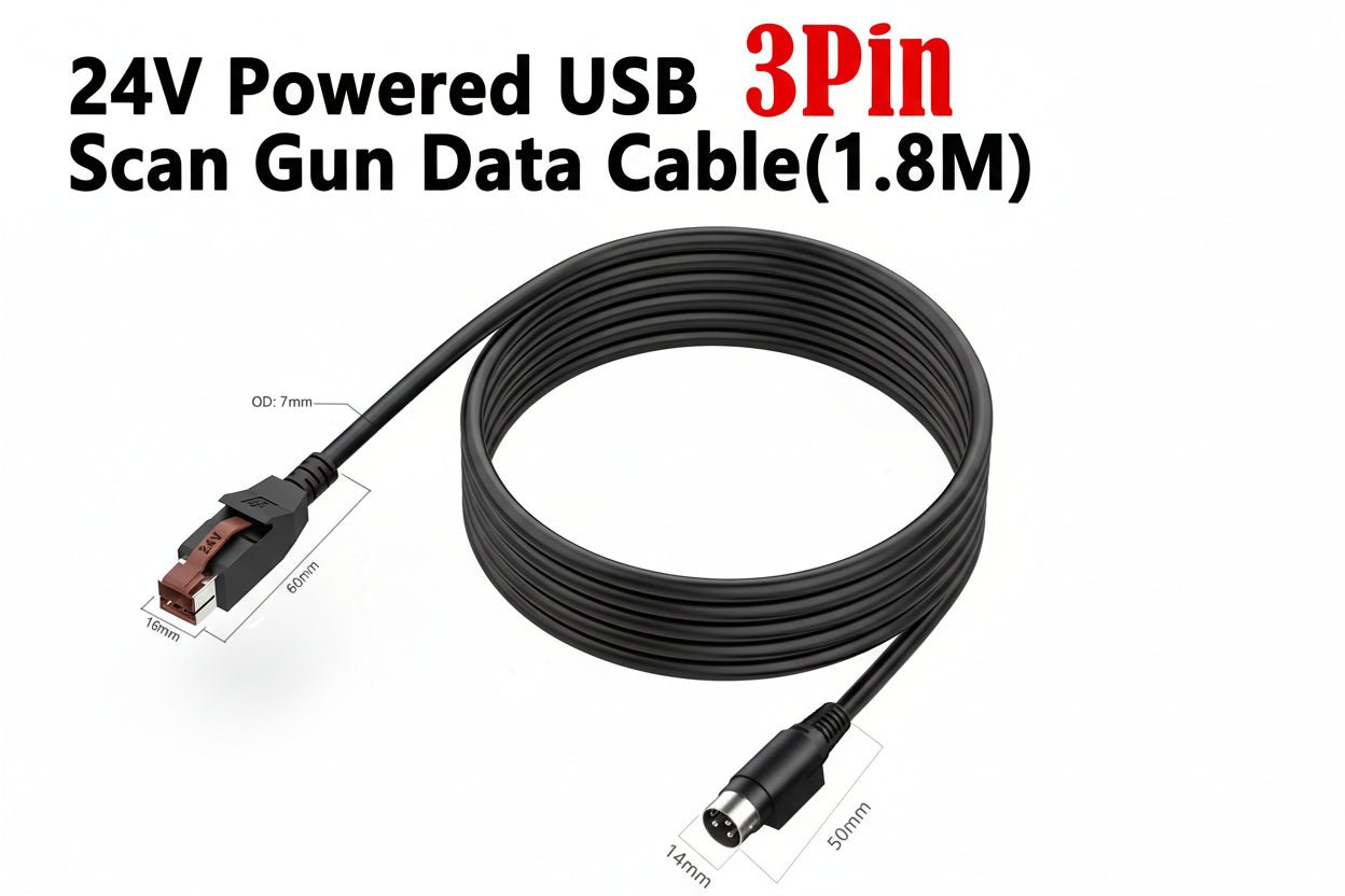24V Powered USB 3Pin Scan Gun Data Cable (1.8M) with dimensions on a white background