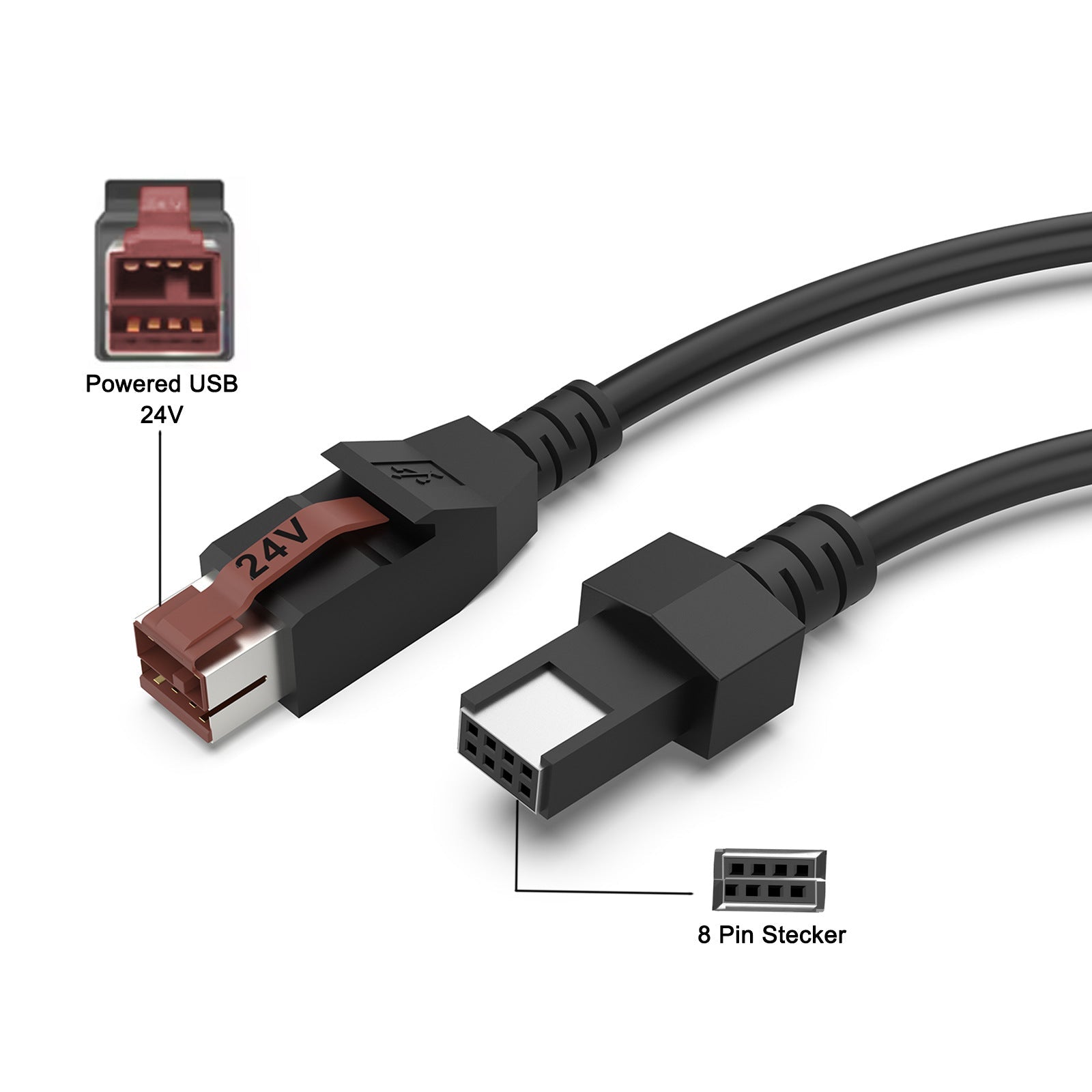 Black USB cable with connectors and labeled power specifications on a white background