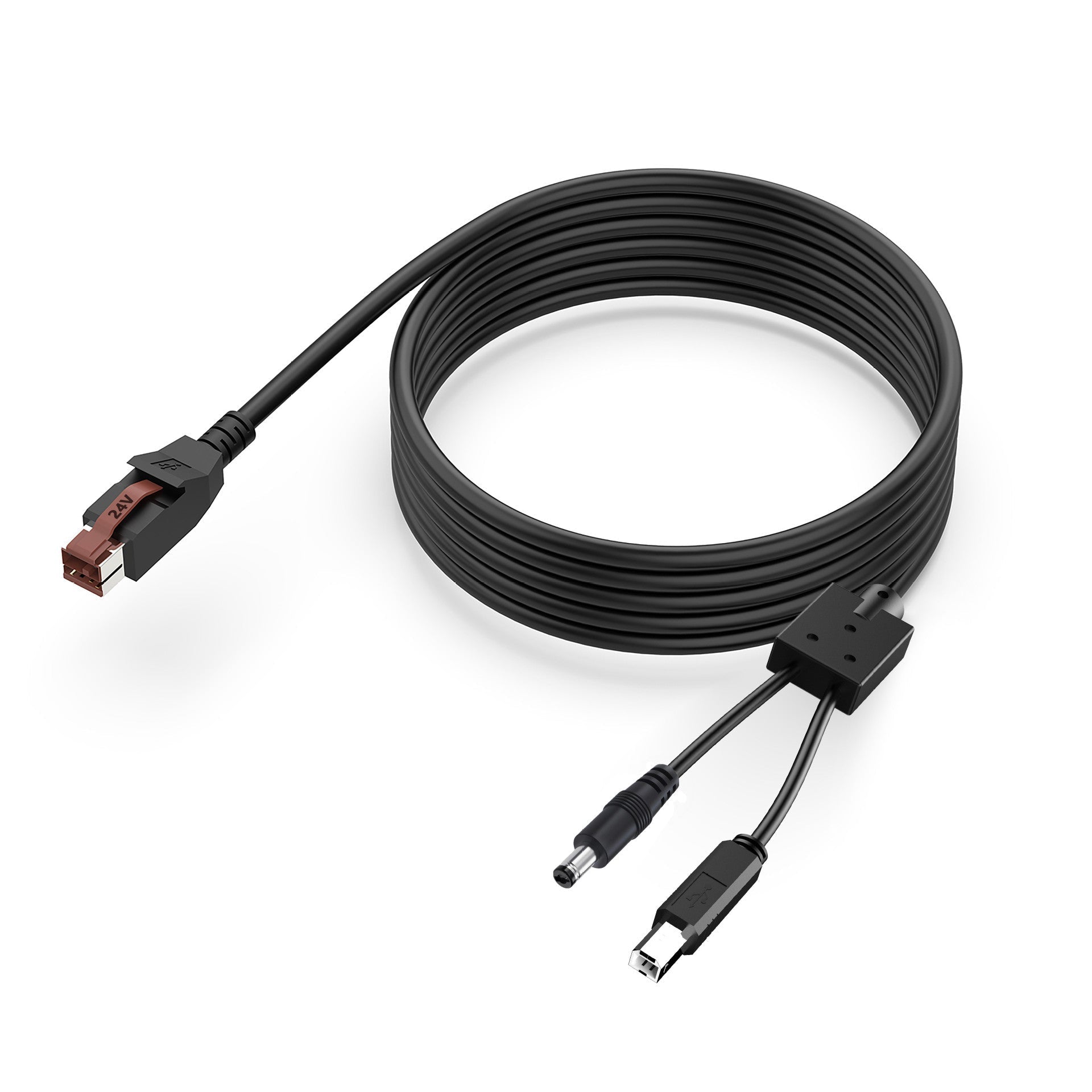Coiled black USB cable with connectors on a white background