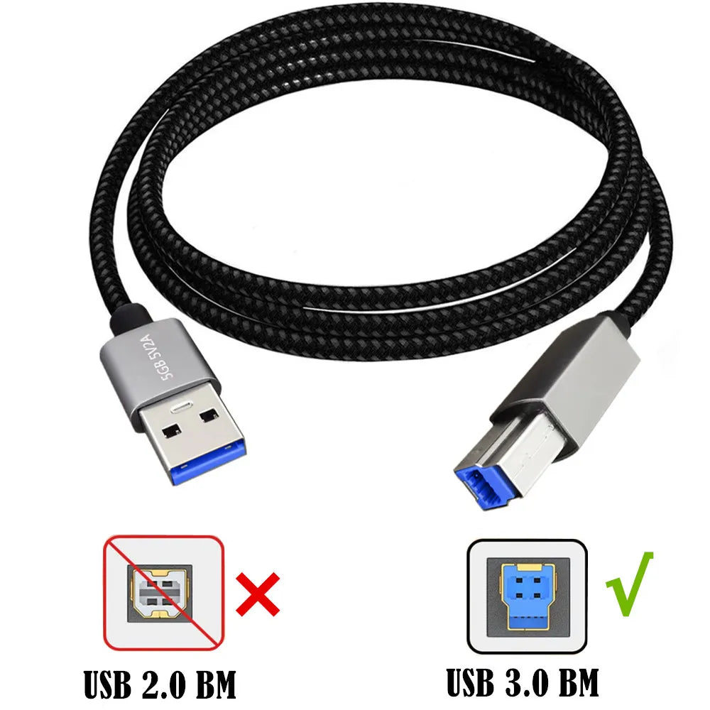USB 3.0 Type-B cable connected to a printer in an office environment