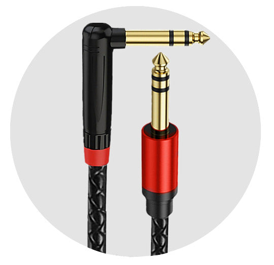 Audio cable with black and red design on a white background