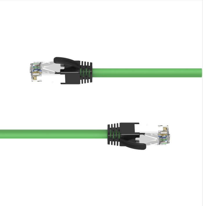 Green industrial CAT6A Ethernet cable with RJ45 male connectors both ends