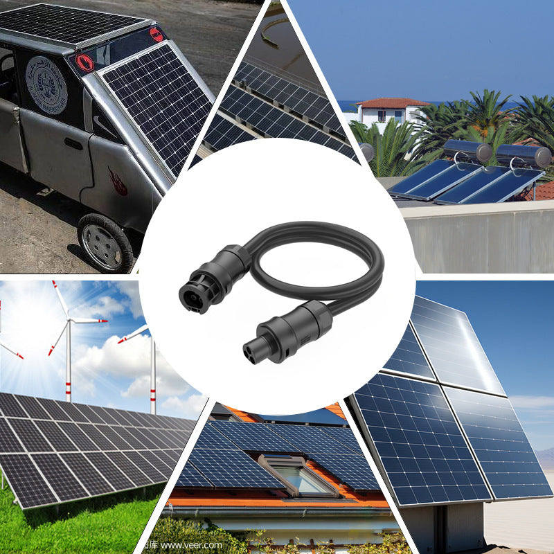 Collage of solar panels on rooftops, a car with solar panels, and connectors with a scenic background.