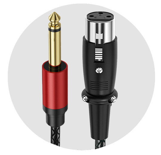 A close-up of an audio adapter cable showing a red and gold 1/4-inch jack on the left and a black XLR connector on the right, set against a light gray circular background.