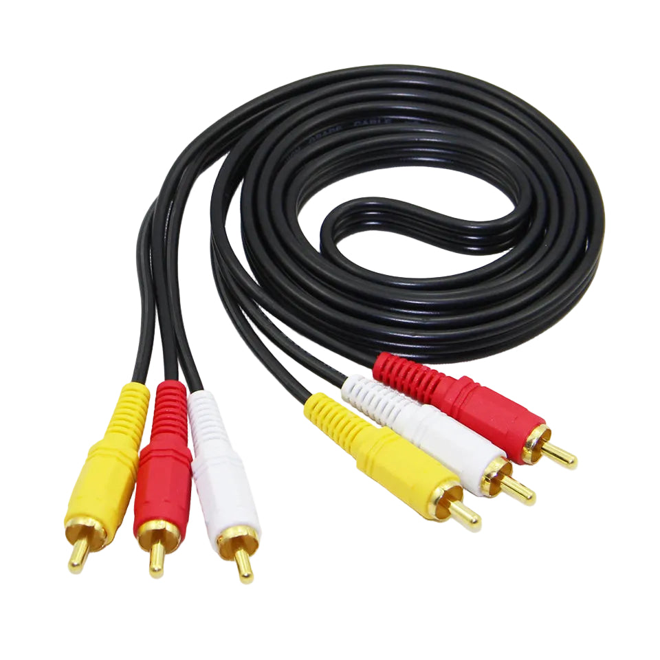 Coiled audio/video cable with red, yellow, and white RCA plugs on a white background