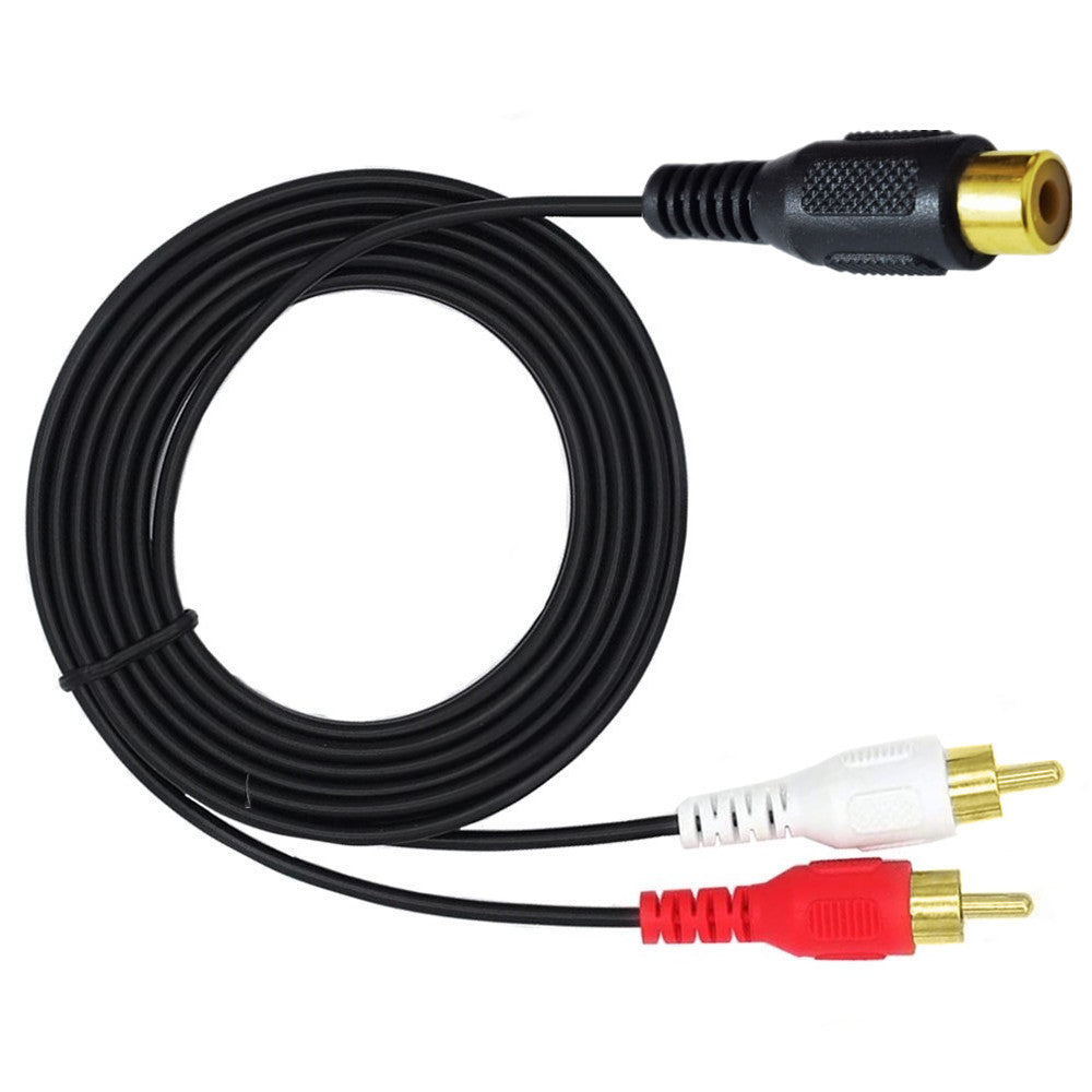 RCA female to dual RCA male Y splitter cable used with a television, amplifier and stereo audio system