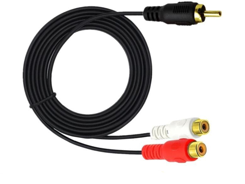 RCA male to dual RCA female audio splitter cable connected to home Hi-Fi equipment