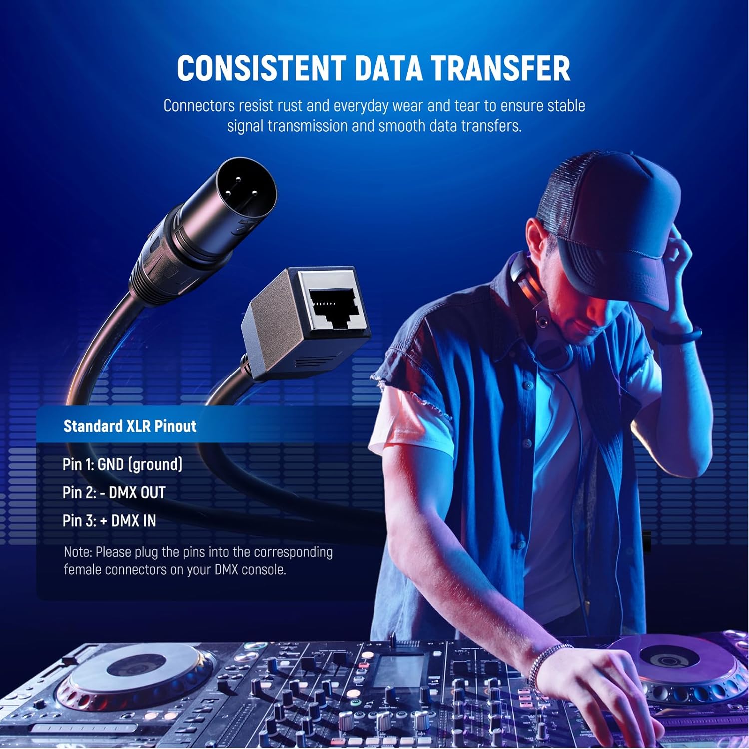 Person working with audio equipment and technical components on a blue background
