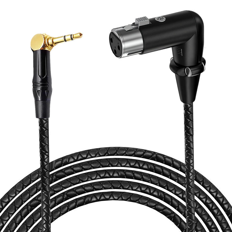Black audio cable with 3.5mm and XLR connectors on a white background