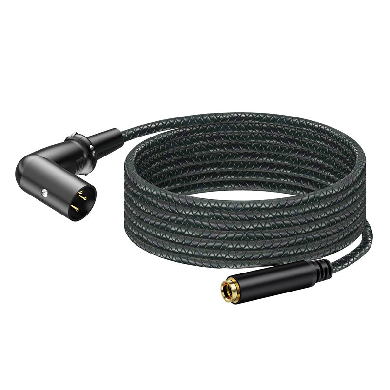 A coiled black braided audio cable with a right-angle XLR connector on one end and a gold-rimmed jack connector on the other, shown on a plain white background.