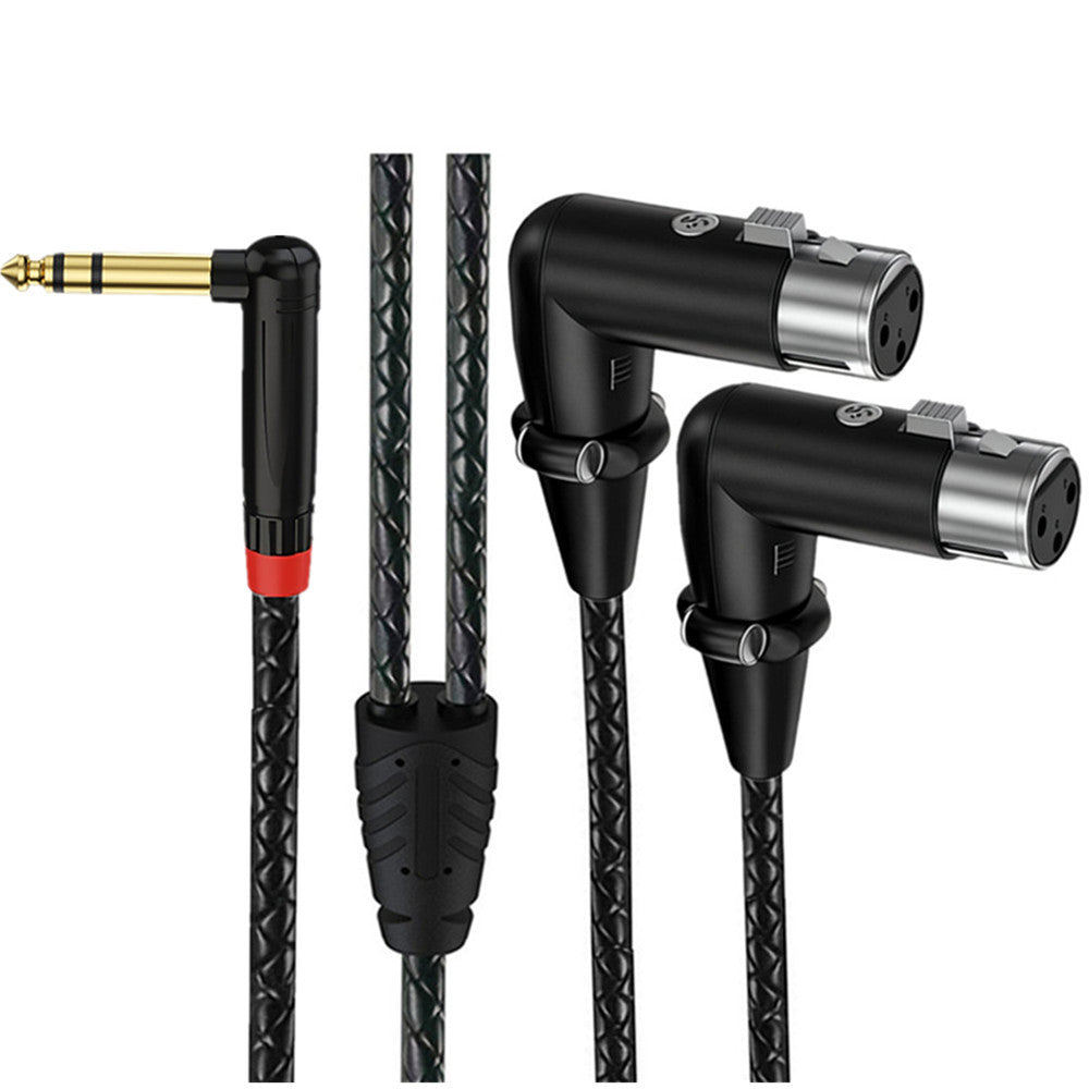 Right-angle 6.35mm TRS stereo male to dual right-angle XLR female audio breakout cable
