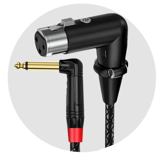 An angled audio adapter cable with a black XLR connector, gold 1/4-inch jack plug, and black braided cable, shown against a light gray circular background.