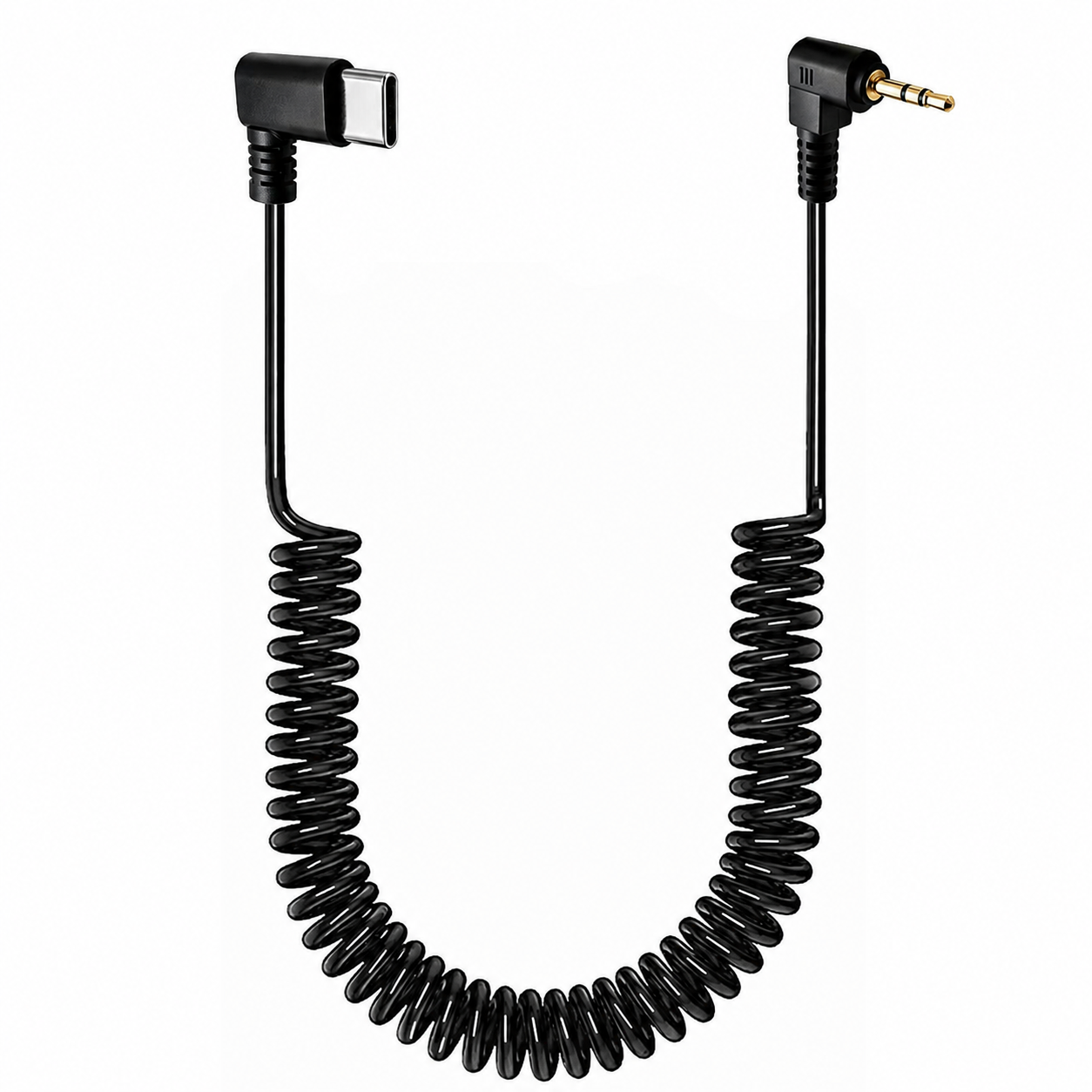 A black coiled adapter cable with a USB-C to 3.5mm audio jack connector, shown on a plain white background.