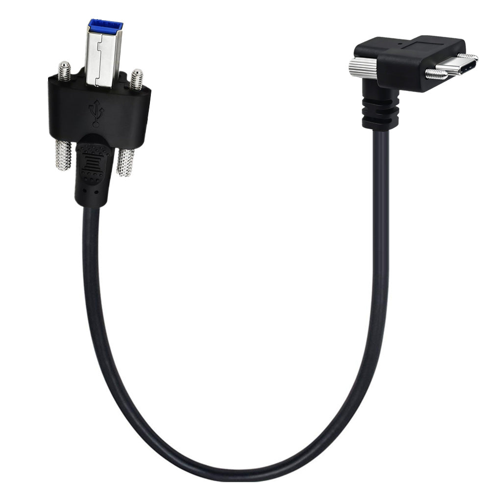 Right-angle USB-C to USB 3.0 Type-B industrial cable with locking screws