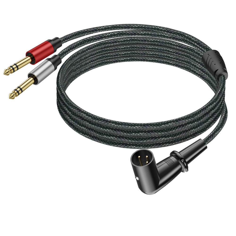 Right-angle XLR male audio breakout cable with red and silver TRS plugs