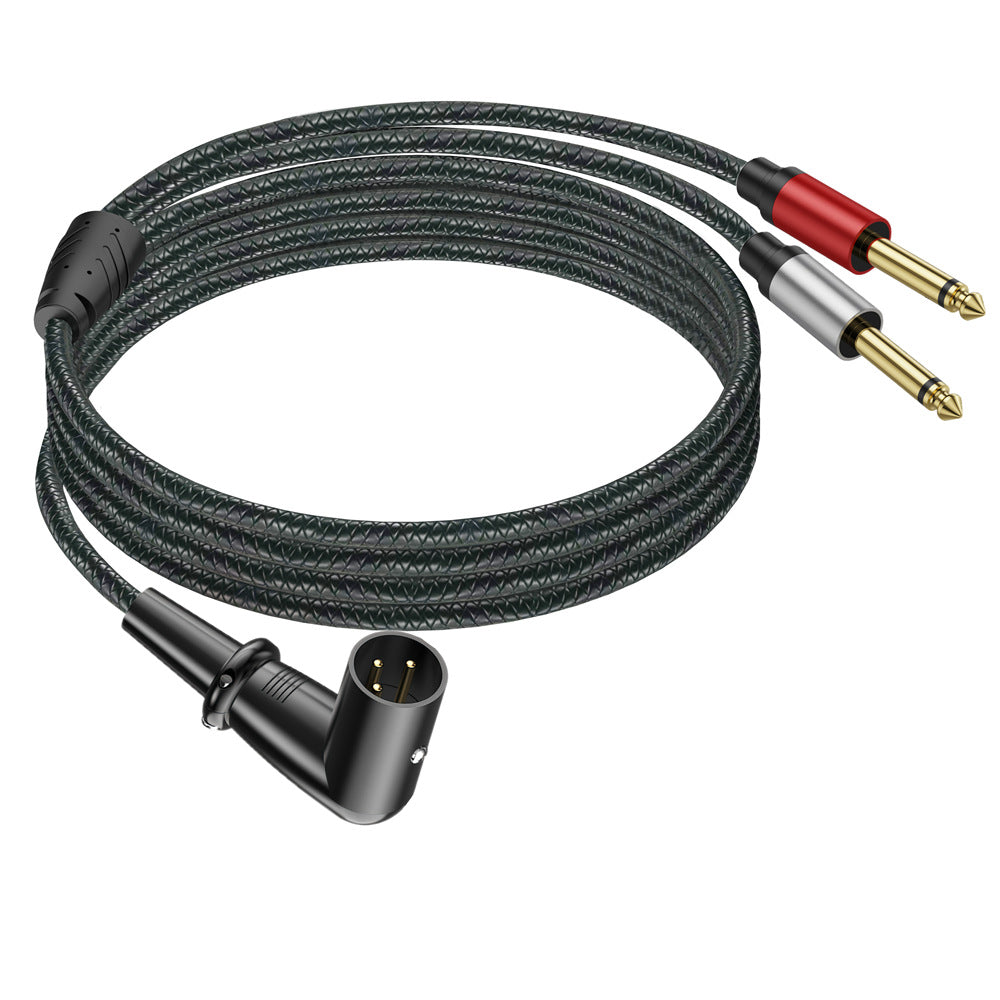 Right-angle XLR audio breakout cable with red and silver 6.35mm mono plugs