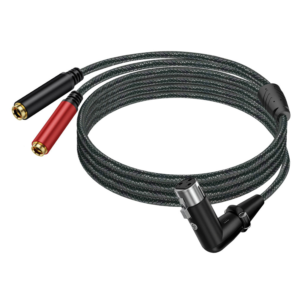 Right-angle XLR audio splitter cable with red and black 6.35mm female sockets