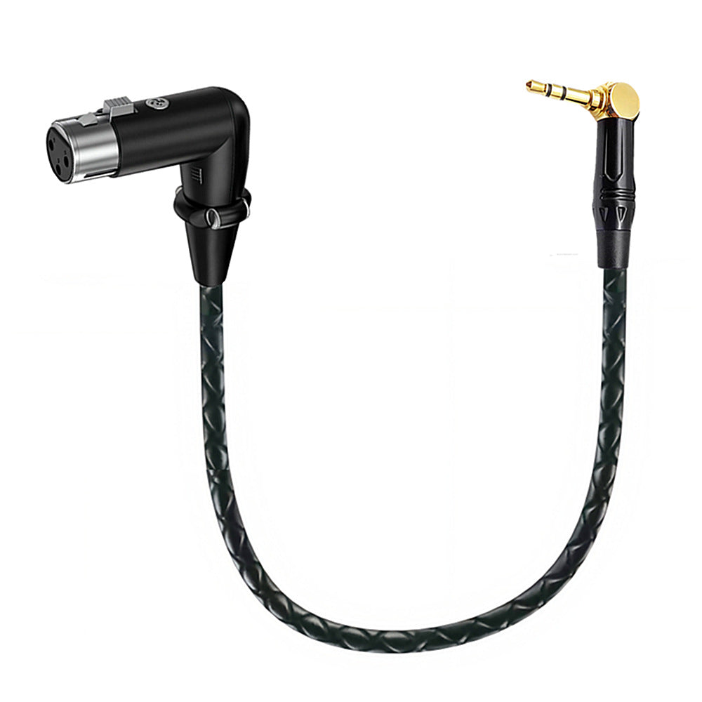 Black braided audio cable with metal connectors on a white background