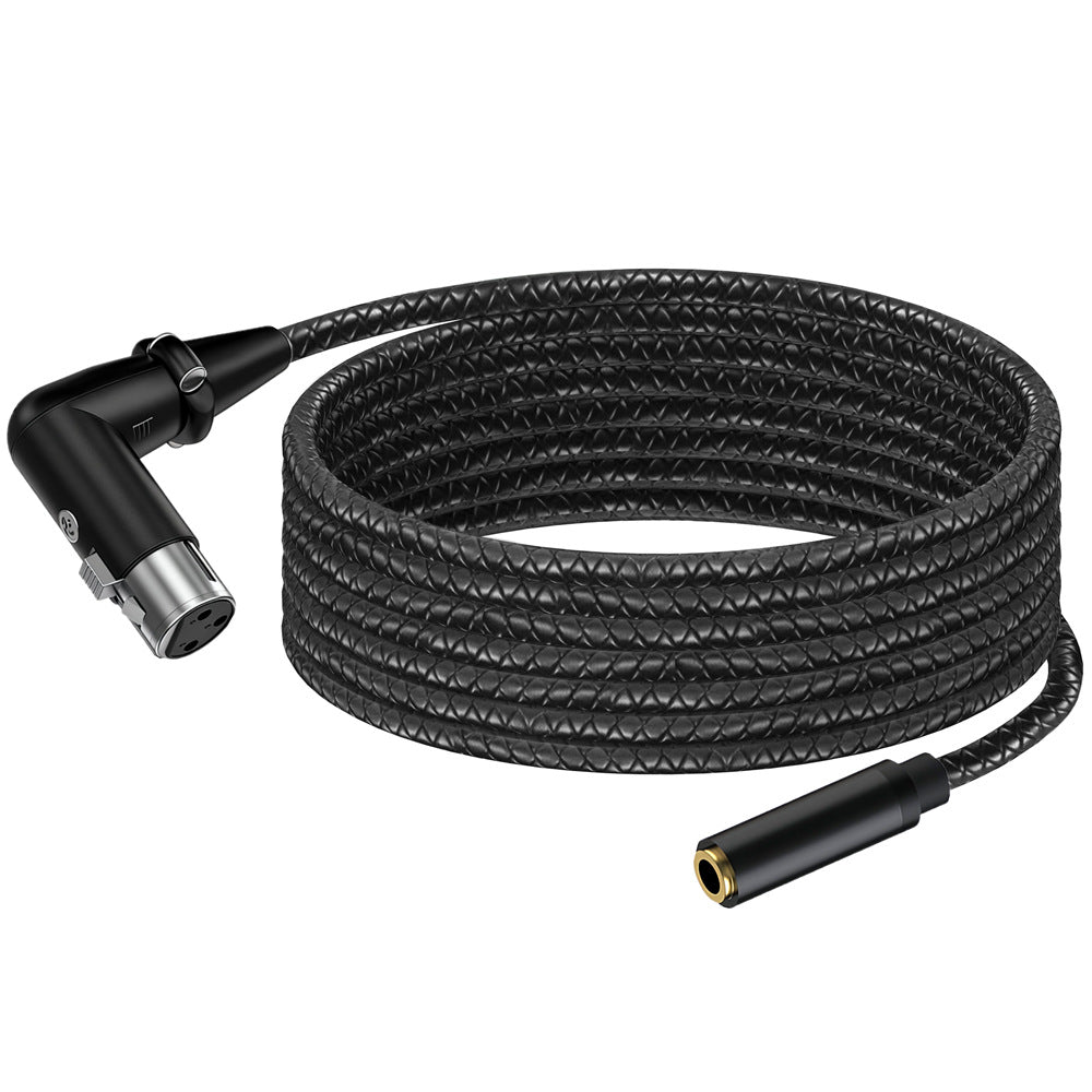 Black audio cable with XLR connector on a white background