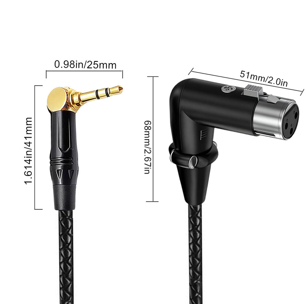 Measurement chart of audio cable connectors with dimensions labeled.