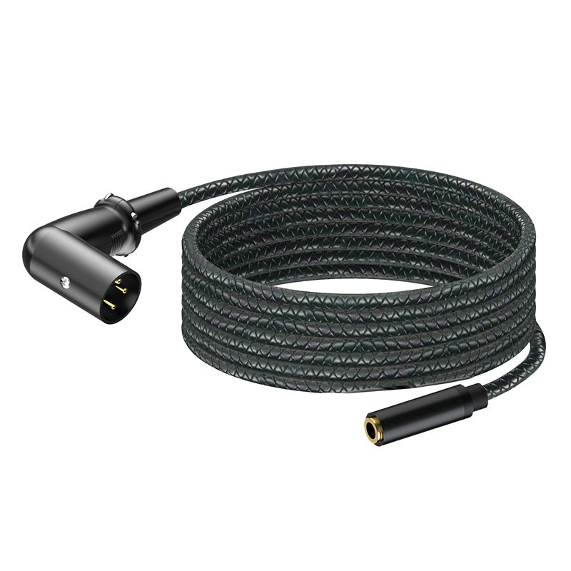 Coiled audio cable with XLR plug on a white background