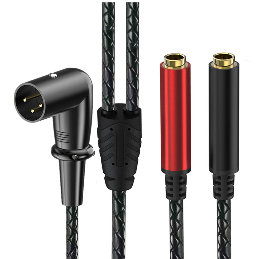 Right-angle 3-pin XLR male to dual 6.35mm female audio splitter cable