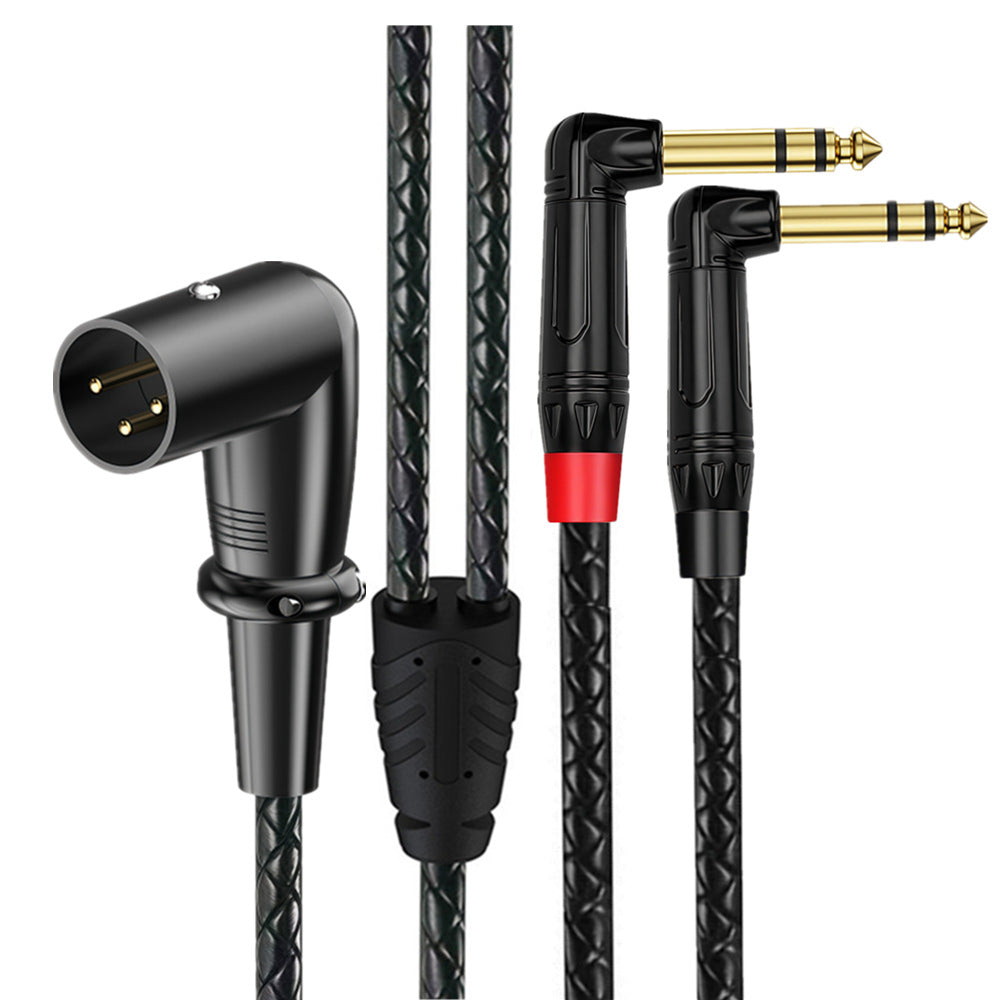 Right angle XLR male to dual 6.35mm TRS male audio splitter cable