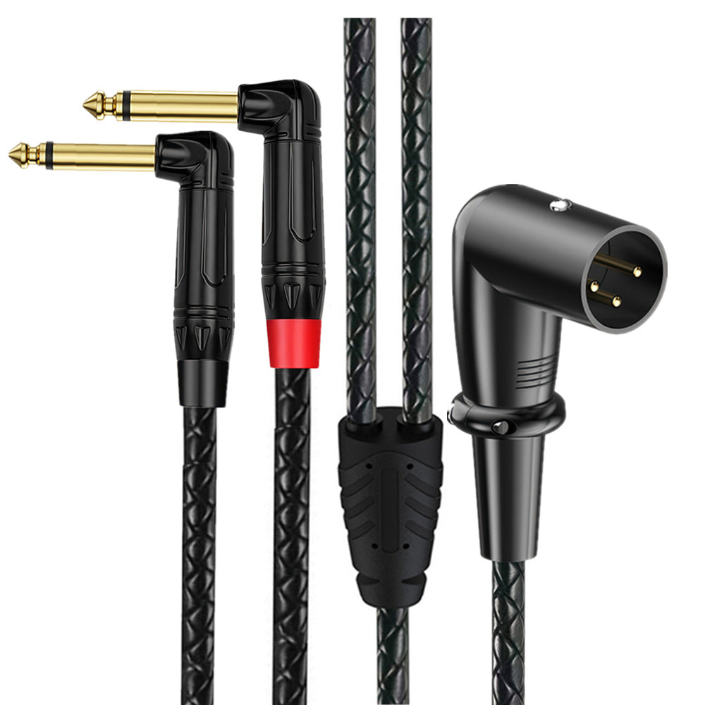 Right-angle 3-pin XLR male to dual 6.35mm TS mono male audio splitter cable