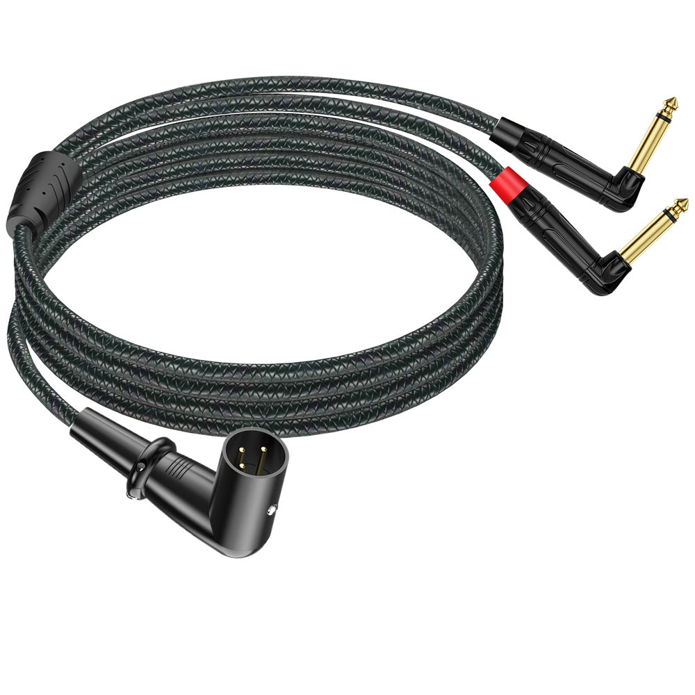 Right-angle XLR male to two right-angle 6.35mm TS mono male plugs