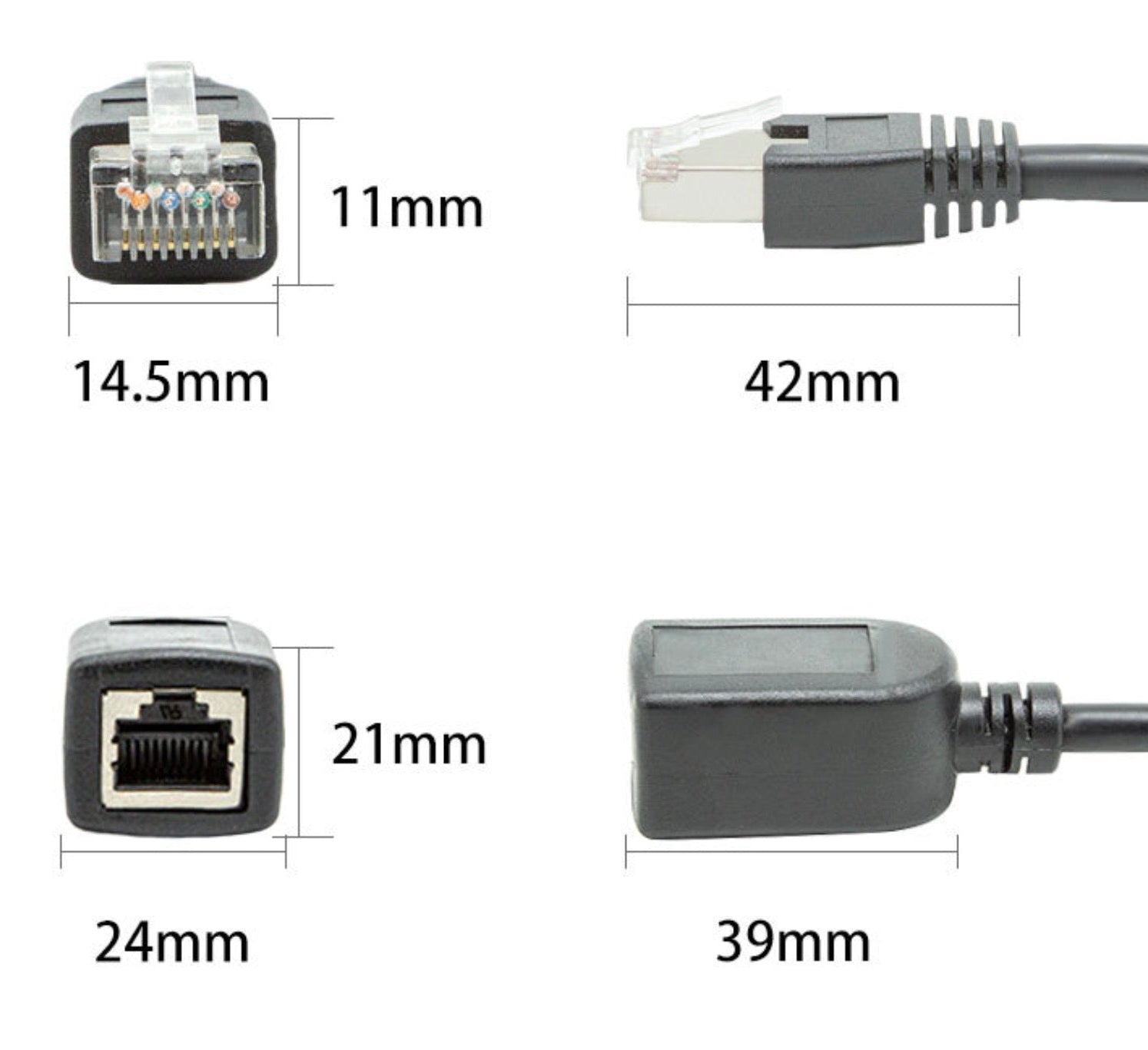 Angled view of RJ45 male to female Ethernet extension cable for home and office networking