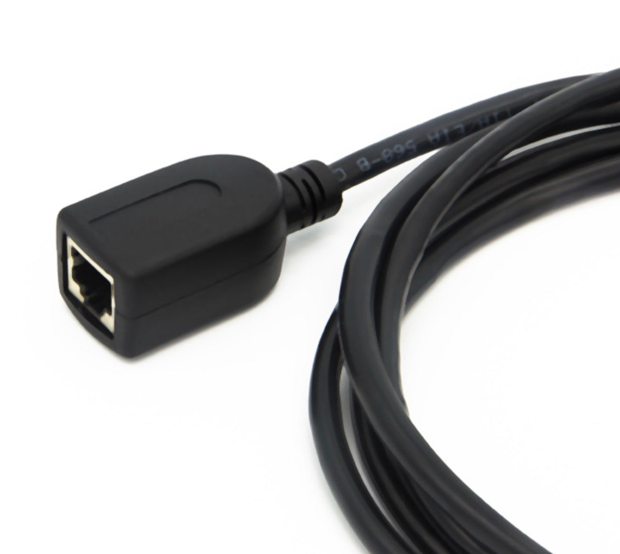 Close-up view of RJ45 female Ethernet extension connector with durable black cable construction