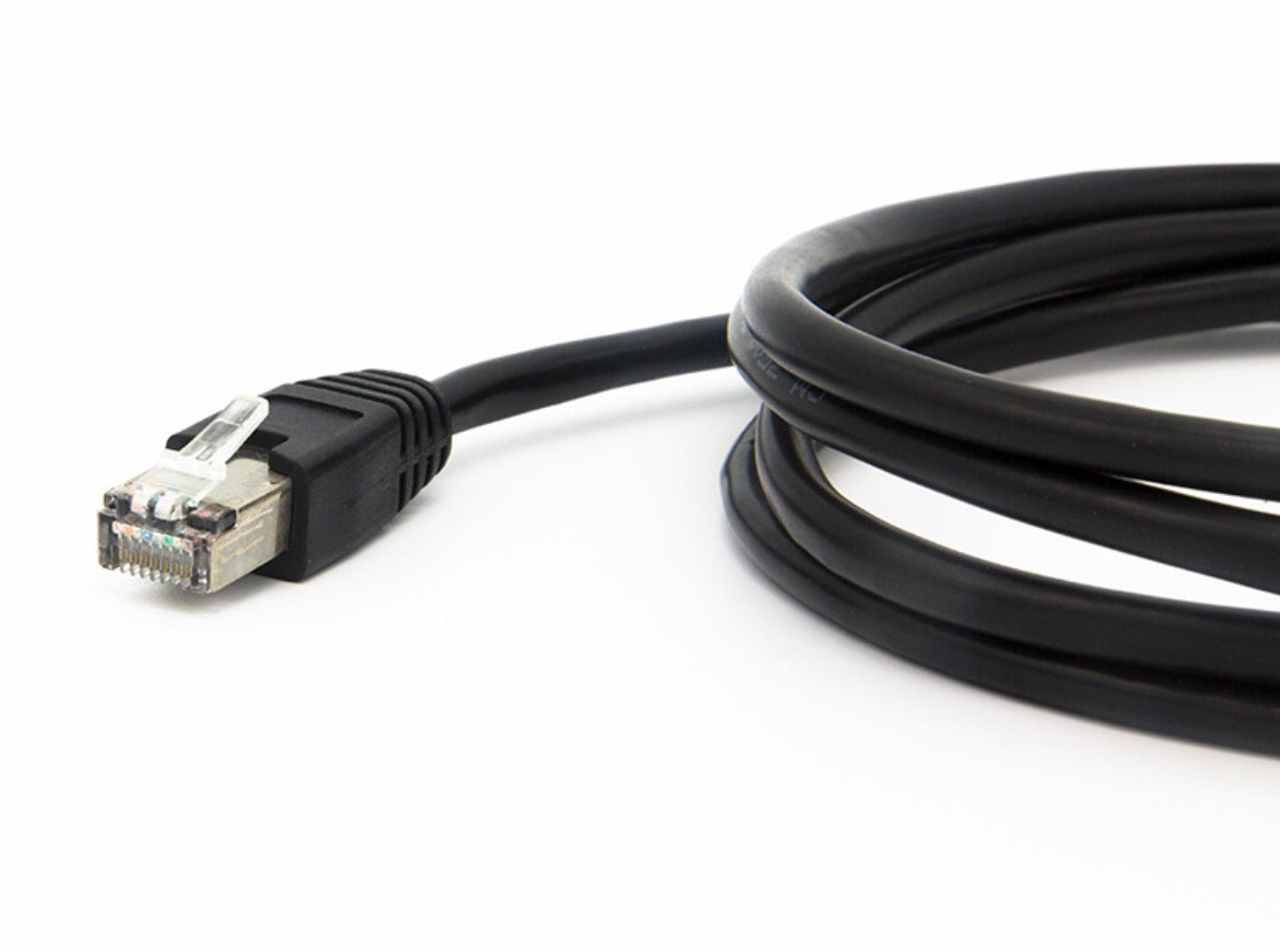 RJ45 male connector on Ethernet extension cable for Cat6 and Cat5e network installations