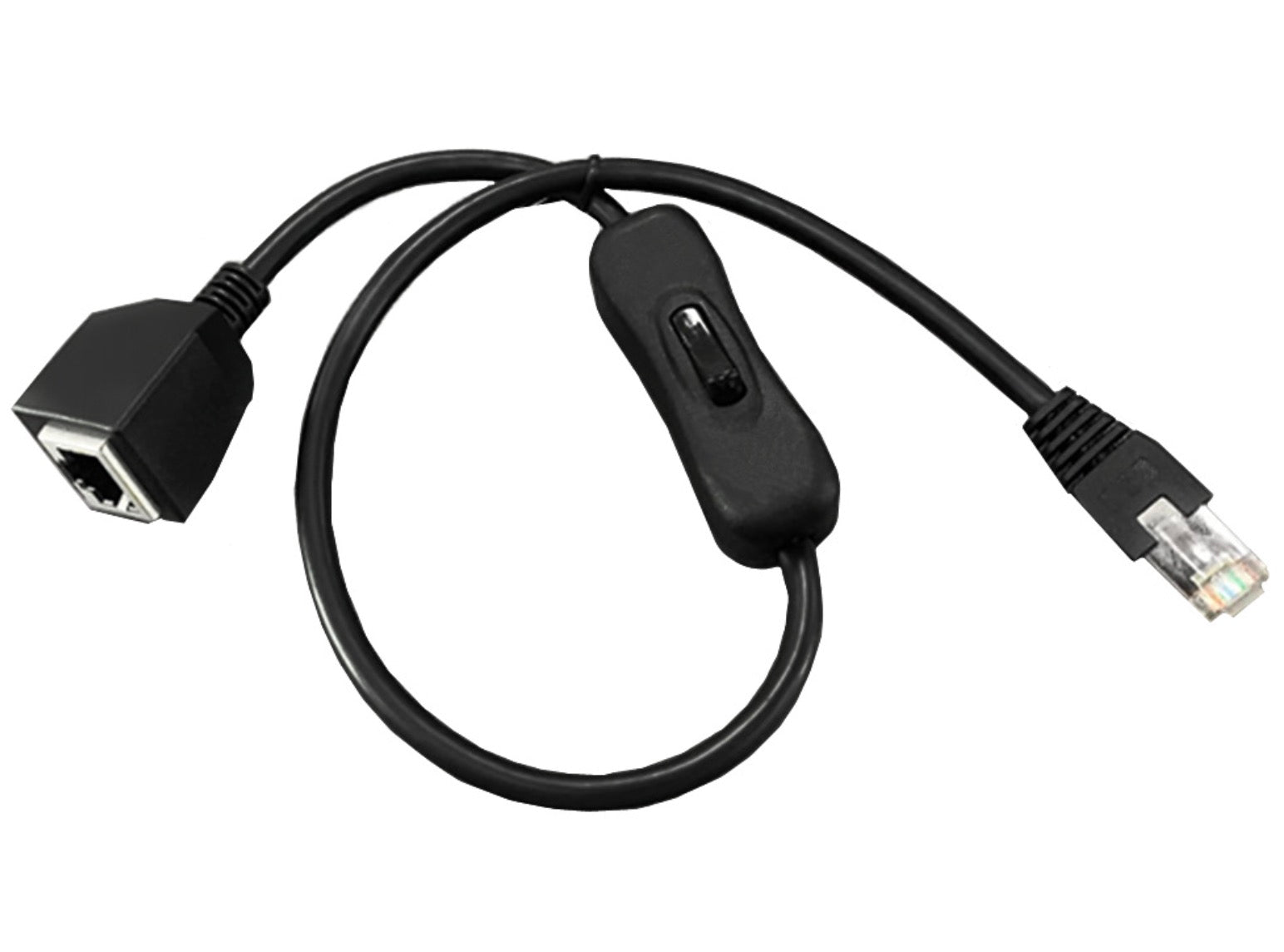 RJ45 male to female network extension cable with inline connection control switch