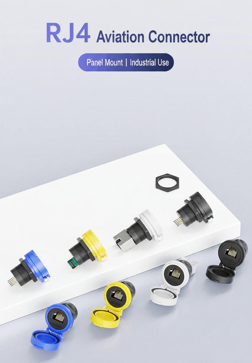RJ4 Aviation Connector set with panel mount and industrial use text on a light gray background