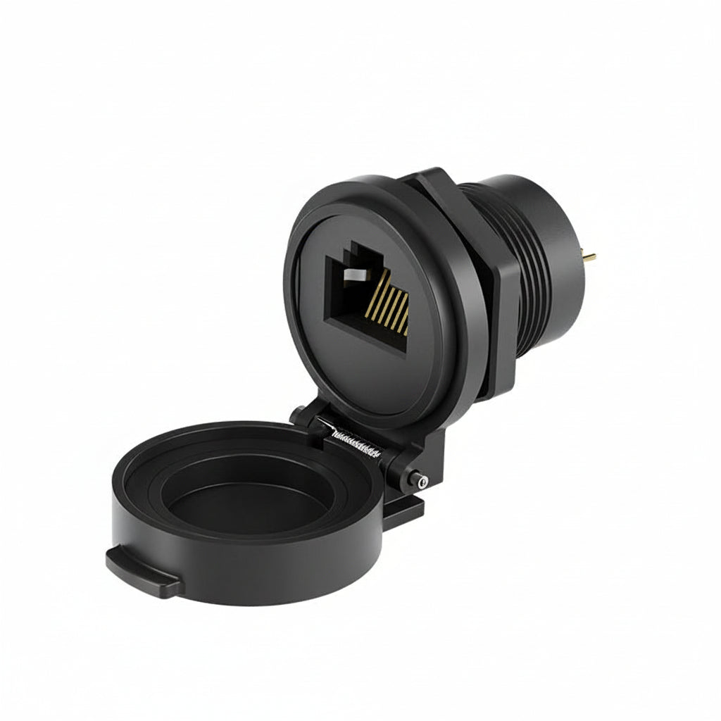 Waterproof RJ45 panel mount Ethernet connector front view
